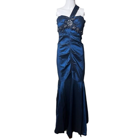 XSCAPE One Shoulder Ruched Full Length Formal Dress Dark Blue Size 10 - Picture 1 of 4